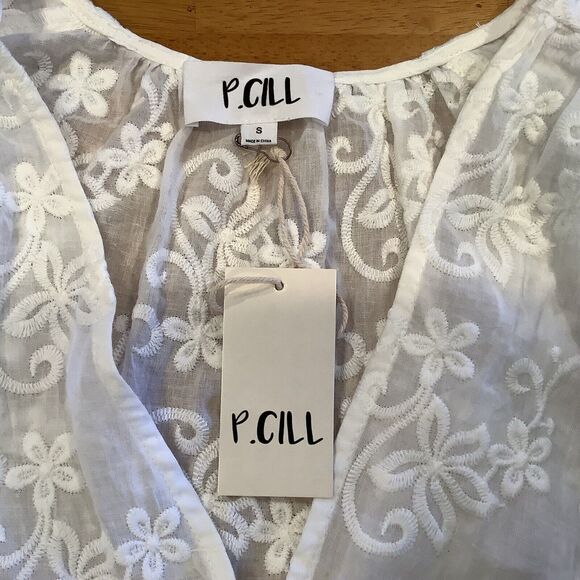 P Cill Cropped Blouse Top Size Small White Embroidered Flowers Lace Sheer NEW - Picture 4 of 13